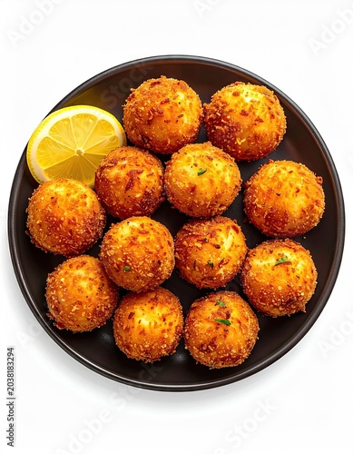 Golden fried, round food on a plate with lemon