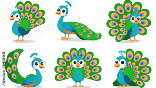 Schilderij op canvas Colorful peacock birds standing in a row with green and blue feathers Vector