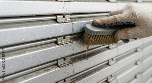 Hand wearing glove scrubbing metal blinds with a brush for cleaning.
