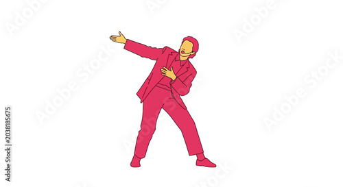 Man in pink suit dancing energetically.
