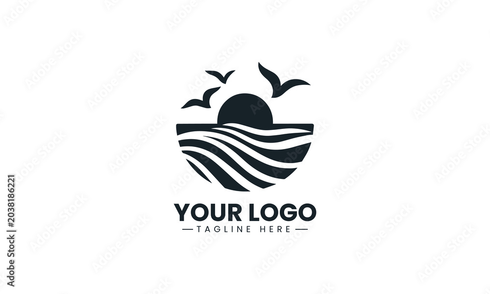 Fototapeta premium Minimalist sunset ocean wave black vector logo