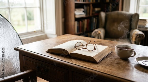 Tortoise shell glasses rest on an open vintage book beside a steaming cup of tea in a library creative design image
