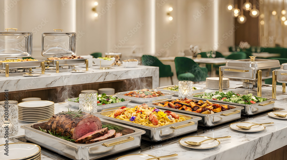Obraz premium Delicious buffet food catering with warm dishes served in metal trays at a luxury hotel restaurant