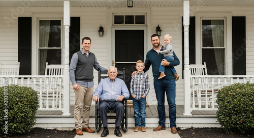 Multigenerational family portrait with grandfather in wheelchair.