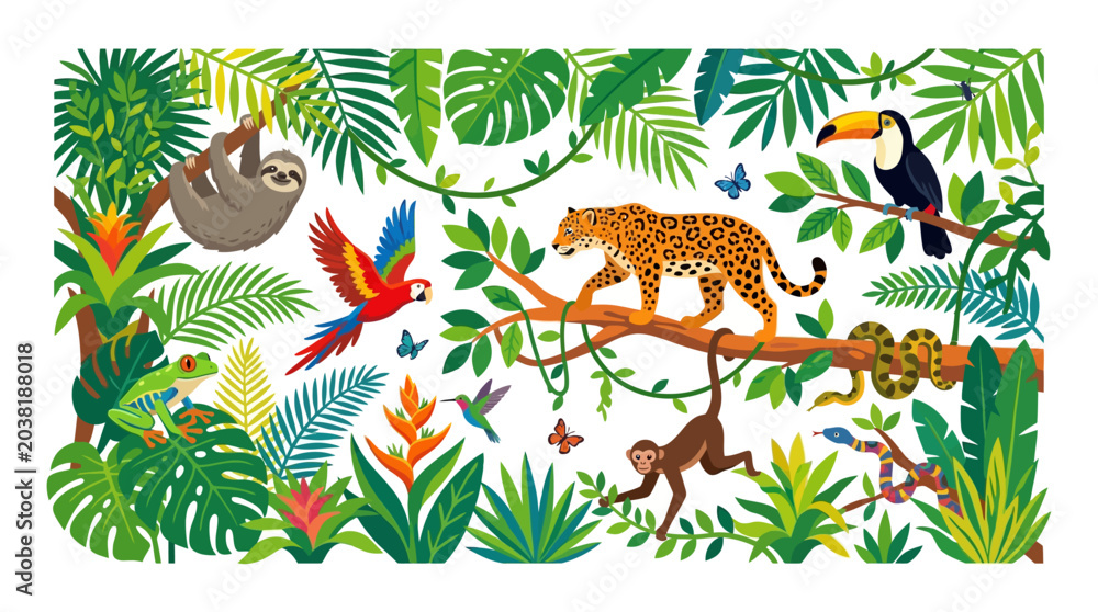 Fototapeta premium Amazon Rainforest Wildlife: Jaguar, Sloth, Toucan, Monkey, Parrot