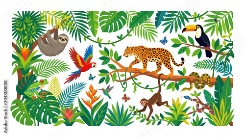 Amazon Rainforest Wildlife: Jaguar, Sloth, Toucan, Monkey, Parrot