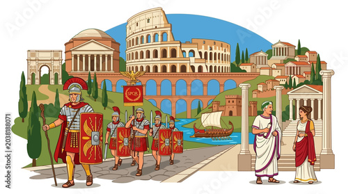 Schilderij op canvas Ancient Rome Scene: Colosseum, Legionnaires, and Citizens