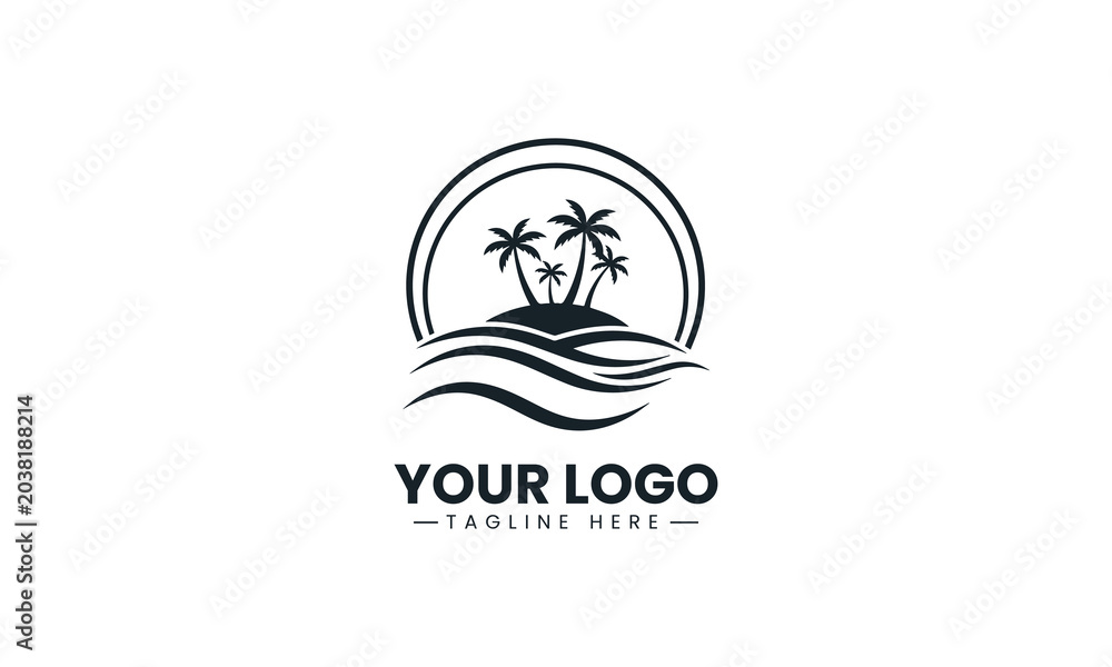 Fototapeta premium Tropical island palm tree minimalist black vector logo