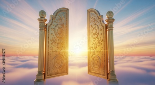 Golden Gates of Heaven Opening to Bright Sunlight Above Clouds.