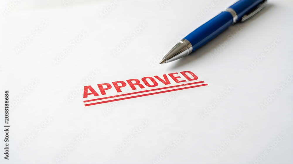 Obraz premium Red approved stamp on white paper with a blue pen, isolated on white background.