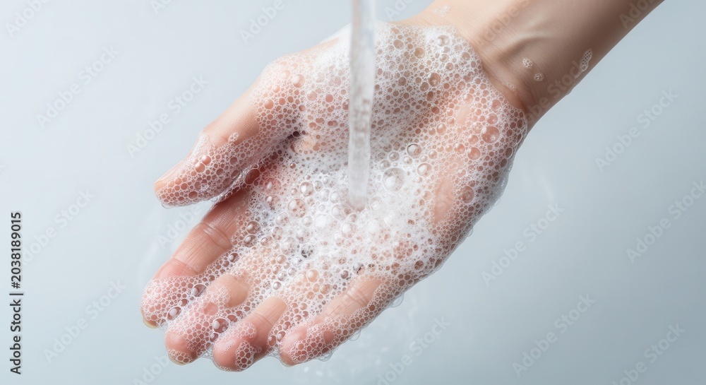 Fototapeta premium Hand with soap bubbles and water.
