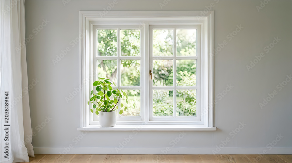 Fototapeta premium Modern window with a green potted plant on the sill.