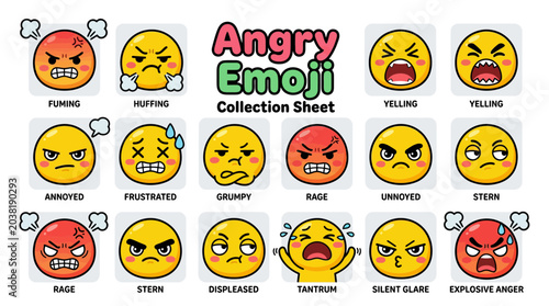 Quadro su tela Angry Emoji Collection Sheet - Various Emotions Expressed