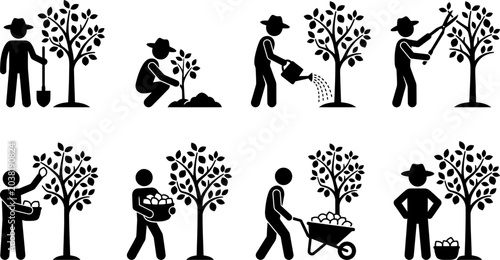 Farmer planting tree watering sapling farmer pruning tree farmer harvesting fruit farmer carrying basket farmer digging earth farmer planting seedling.