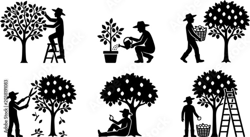 Farmer climbing ladder harvesting fruit farmer watering plant farmer trimming branch farmer sitting under tree farmer harvesting basket farmer picking apples.