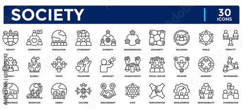 Society icon collection. Contains icons for community, culture, population, family, public, diversity, cooperation, neighborhood, responsibility, and networking.