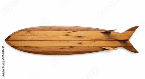 Handcrafted wooden fish surfboard isolated on white background.