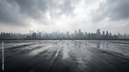 Stormy Cityscape Overlook, Wet Reflective Road, Dramatic Skyline, Moody Atmosphere