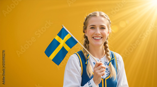 Smiling young woman in traditional Swedish folk costume holding a flag. National Day of Sweden celebration. Portrait of a happy blonde female on a yellow background with sun rays