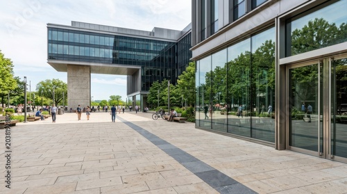 Modern Office Building Architecture with Pedestrian Plaza and Greenery in Summer