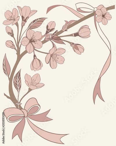 Elegant vector illustration featuring a delicate cherry blossom branch adorned with decorative soft pink ribbons in a stylish minimalist design perfect for greeting card print projects