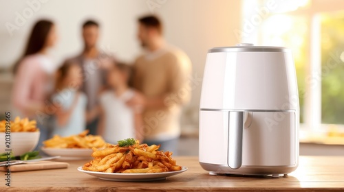 Modern white air fryer sitting on  wooden kitchen counter next to  plate of crispy golden french fries