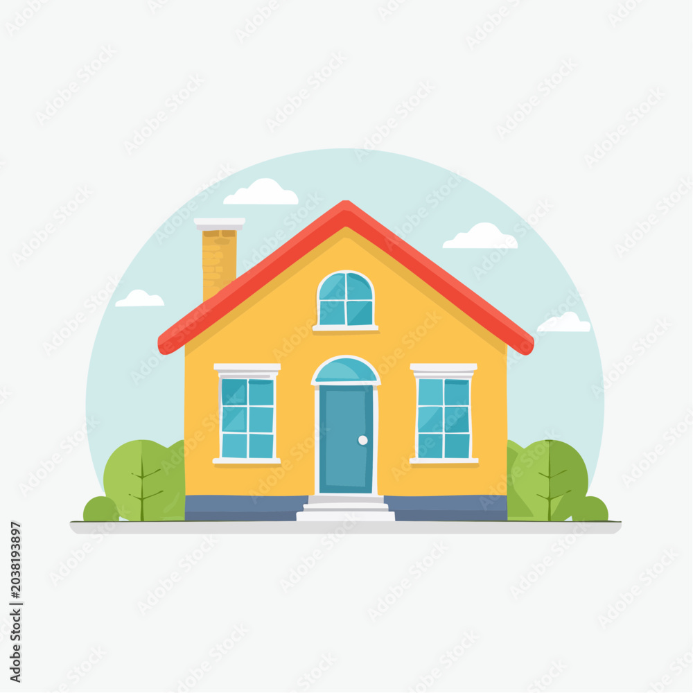 Fototapeta premium Cartoon Yellow House with Red Roof and Blue Door
