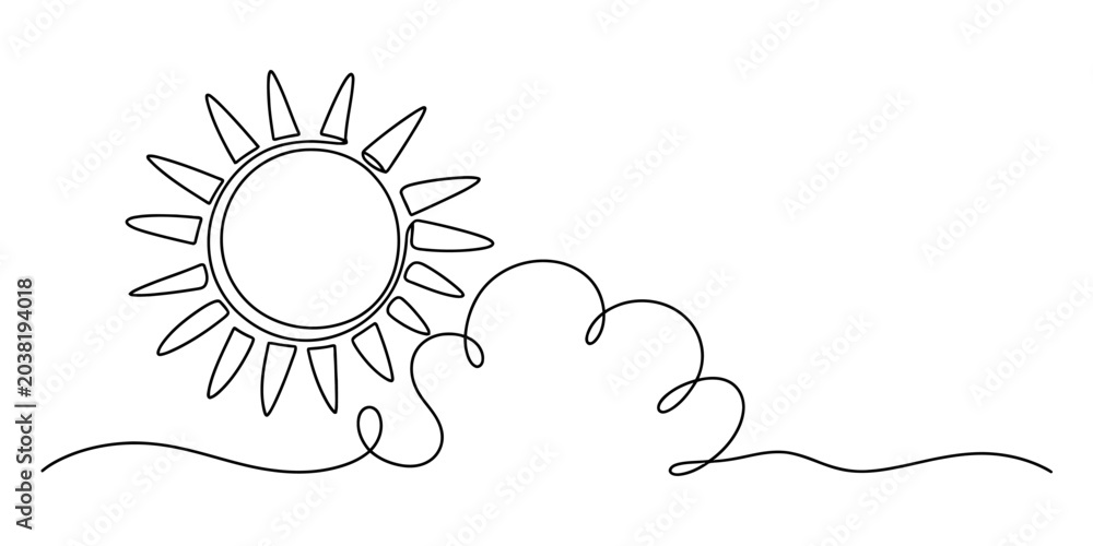 Obraz premium Continuous line drawing of a smiling sun with a cloud