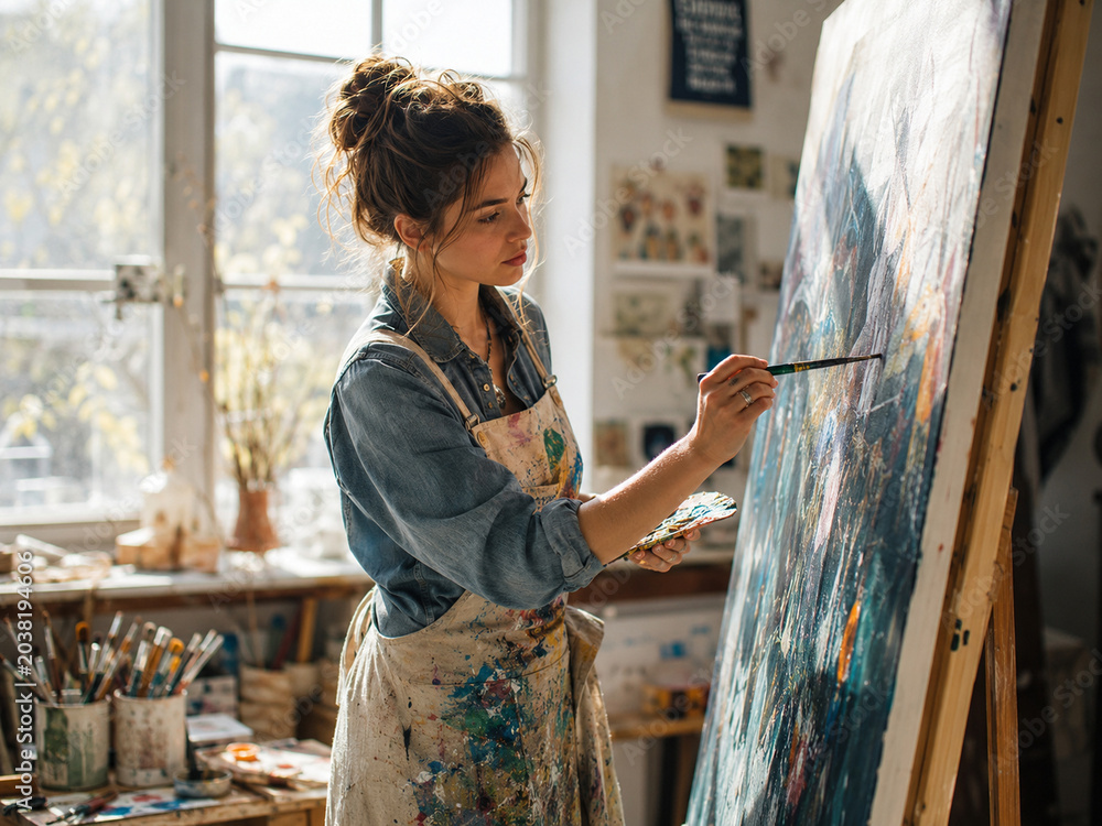 Fototapeta premium Creative young female artist painting on a large canvas in a bright and sunny art studio.