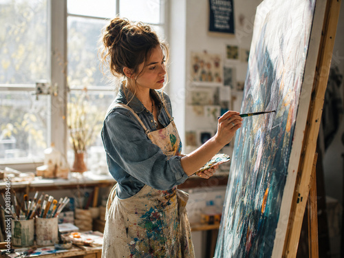 Creative young female artist painting on a large canvas in a bright and sunny art studio.