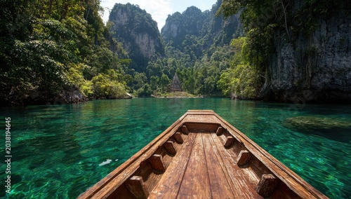Wooden boat on emerald-green river, jungle mountains in background