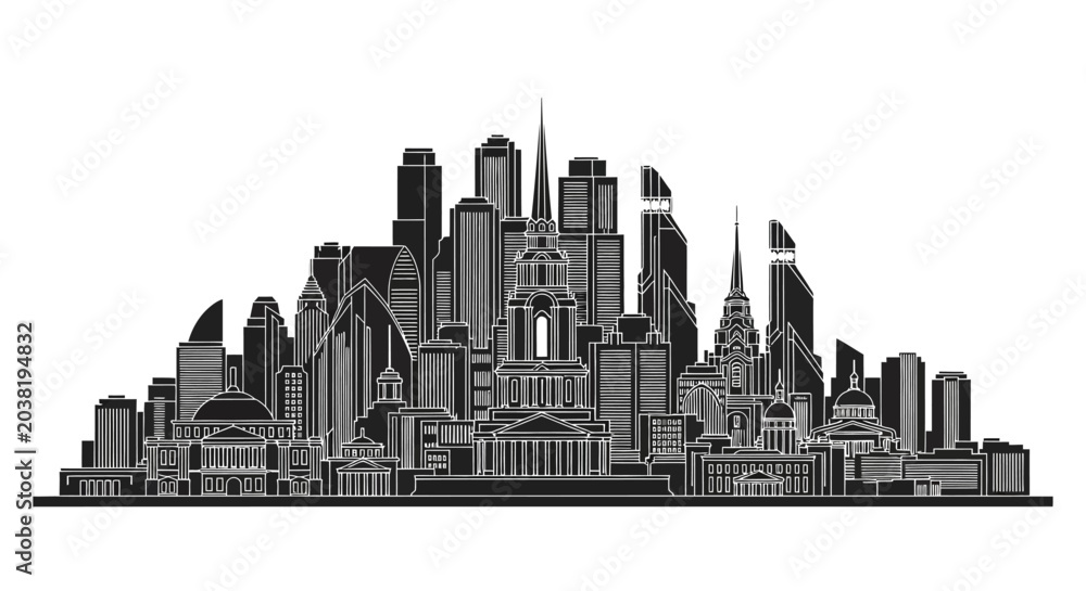 Fototapeta premium Black and white city skyline silhouette featuring modern skyscrapers