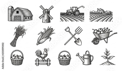 Bild auf Leinwand Vintage farm elements collection engravings of barns crops and agricultural tool