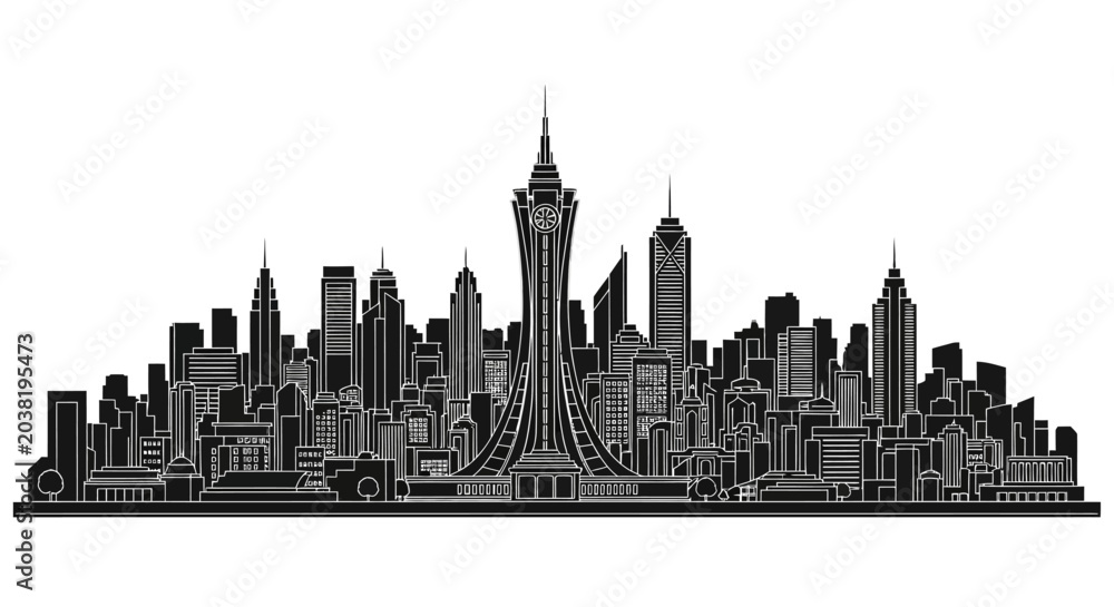 Fototapeta premium Black and white city skyline silhouette illustration