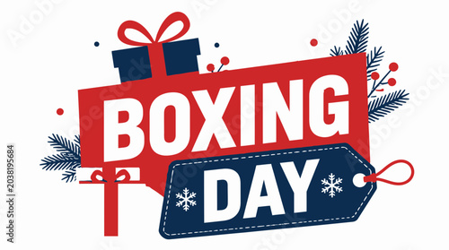 Boxing Day Sale Banner with Gift Box and Pine Sprigs
