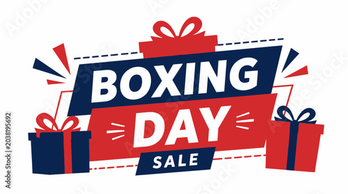 Boxing Day Sale Banner with Gift Boxes and Red Blue Colors
