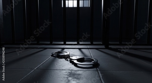 Handcuffs on the Floor of a Dark Prison Cell with Bars and Light.