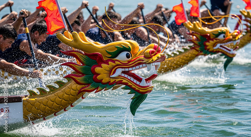 Vibrant dragon head of a traditional dragon boat racing on water.