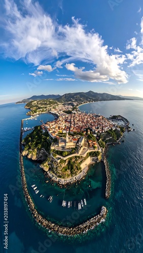 Aerial view of a coastal town.