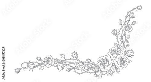 Quadro su tela Elegant Rose Vine Border Design - Black and White Line Art