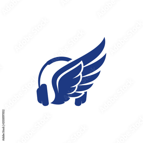 Εκτύπωση καμβά Blue winged headphones logo icon, music concept, isolated on white background