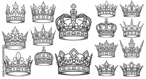 Tableau sur toile Collection of Ornate Royal Crowns, Hand-Drawn Vector Illustrations