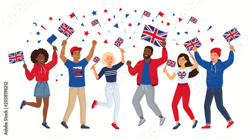Quadro em tela Joyful Outdoor Celebration Featuring Diverse People Waving Flags and Confetti