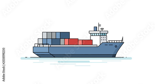Photos Cargo Ship with Containers on Calm Water - Flat Design