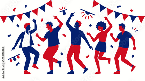 Bild auf Leinwand Group of people dancing and celebrating at a festive party with bunting, confetti, and colorful lights
