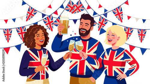 Konstfotografi Diverse friends wearing British flag sweaters raising drinks in celebration