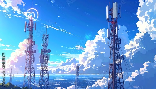 Cell towers standing tall in sky.