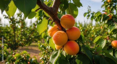 Ripe Apricots Growing on a Tree Branch in an Orchard.