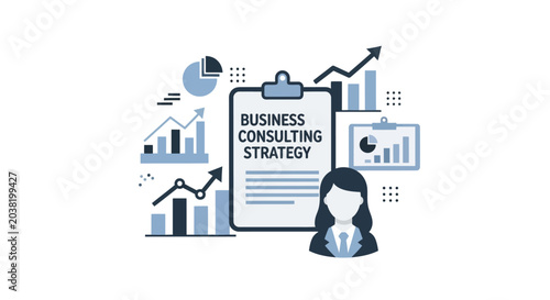 Business consulting strategy illustration with charts and woman character
