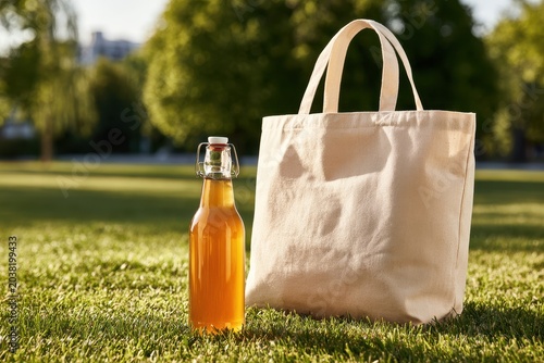 Canvas tote bag and glass bottle resting on green grass in a sunny park at golden hour for sustainable lifestyle and eco-friendly branding